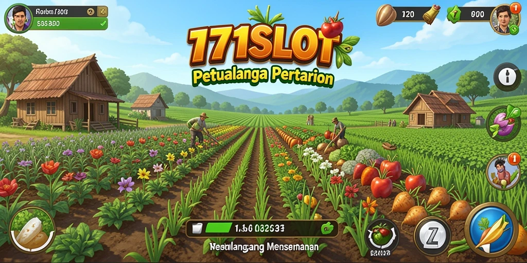 Tampilan gameplay 171SLOT yang menampilkan ladang hijau subur dan aktivitas bertani.