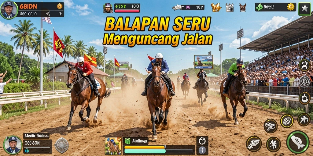 Tampilan dalam game yang menunjukkan balapan seru dan kendaraan yang dinamis.