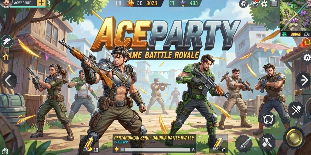 Screenshot utama gameplay ACEPARTY menampilkan pertarungan seru di arena Battle Royale.