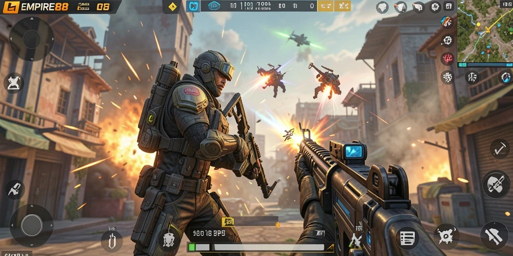 Screenshot gameplay <strong>EMPIRE88</strong> yang menampilkan aksi tembak-menembak yang intens.