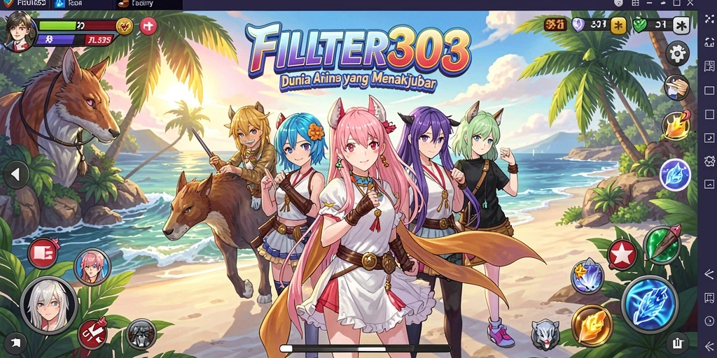 Tangkapan layar gameplay FILTER303 menampilkan karakter anime dalam aksi.