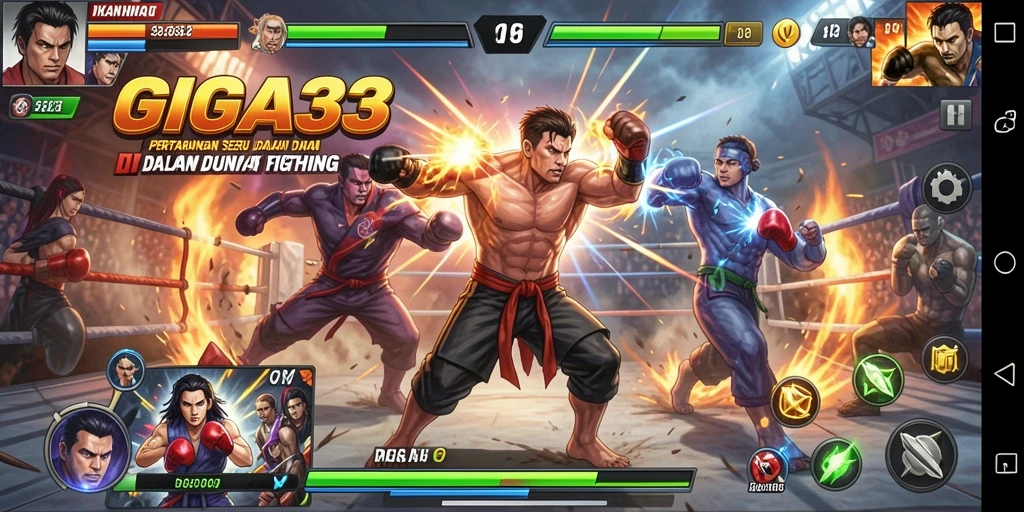 Screenshot gameplay GIGA33 menampilkan pertarungan dinamis dan karakter yang menarik.