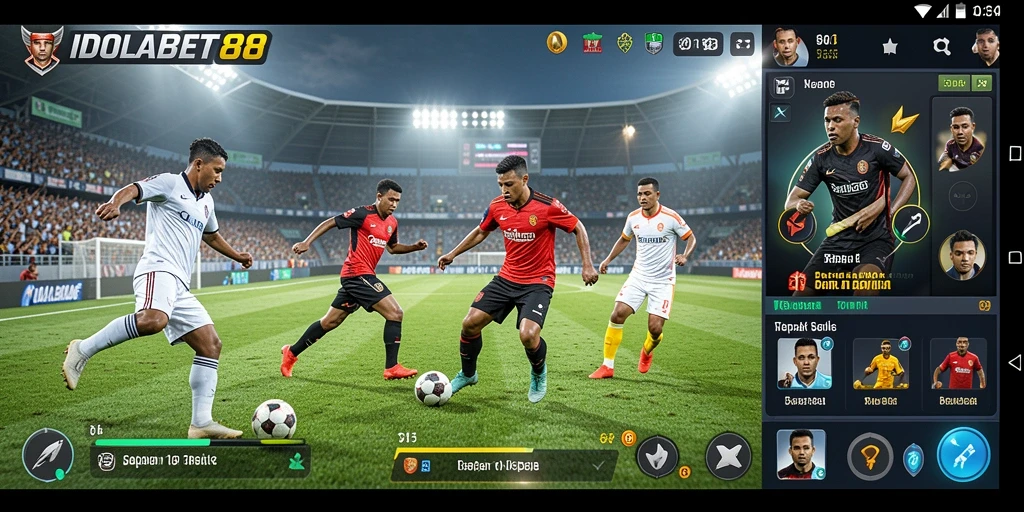 Screenshot gameplay IDOLABET88 menampilkan aksi seru di lapangan sepak bola.