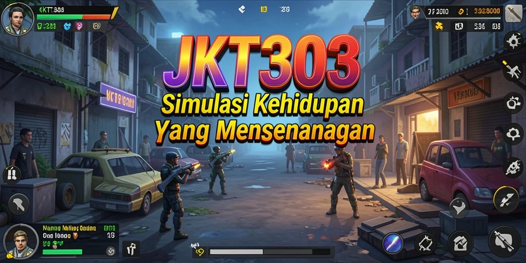 Gameplay JKT303 dengan karakter yang berinteraksi dalam dunia virtual.