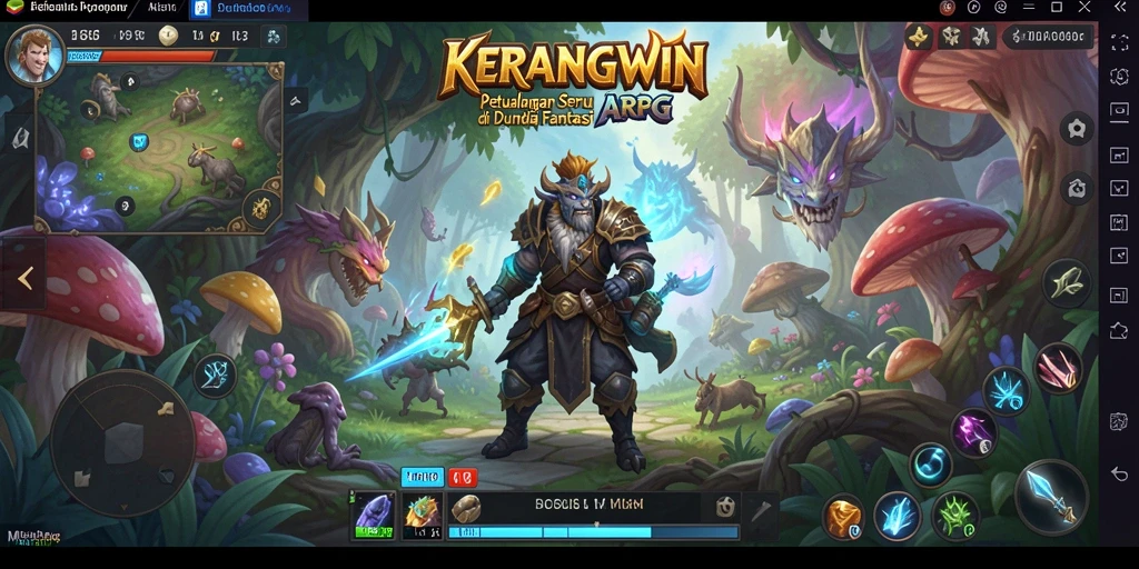 Tangkapan layar gameplay KERANGWIN yang menampilkan pertarungan seru di dunia fantasi.