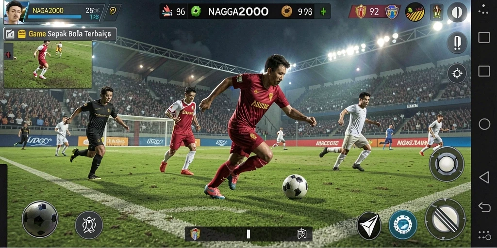 Screenshot gameplay NAGA2000 menampilkan pertandingan sepak bola yang mendebarkan.