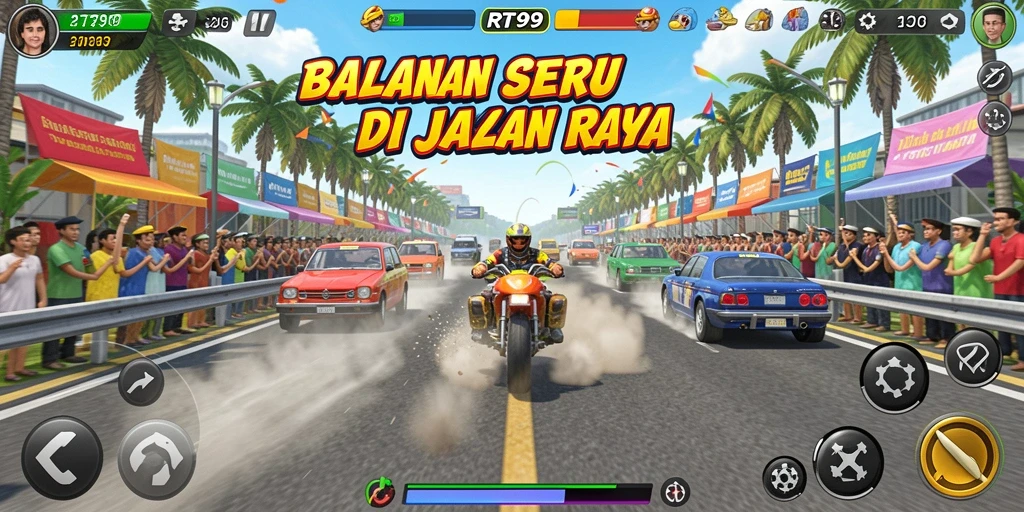 Tampilan screenshot RT99 yang memperlihatkan aksi balapan mendebarkan.